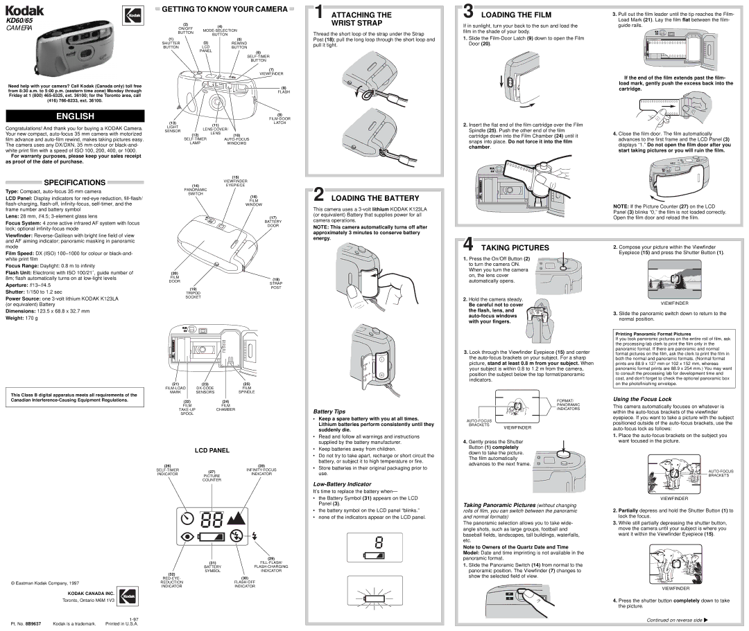 Kodak KD60/65 specifications Specifications, Getting to Know Your Camera, Attaching the Wrist Strap, Loading the Battery 