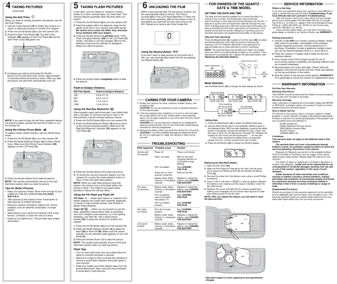Kodak KD60/65 Taking Flash Pictures, Unloading the Film, For Owners of the Quartz Date & Time Model, Service Information 