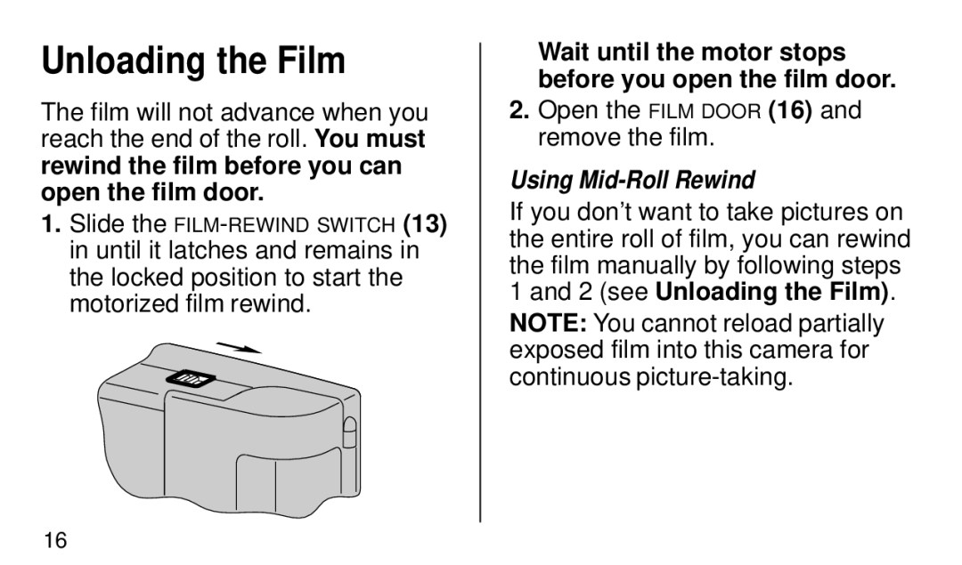 Kodak KE 20 manual Unloading the Film, Using Mid-Roll Rewind 