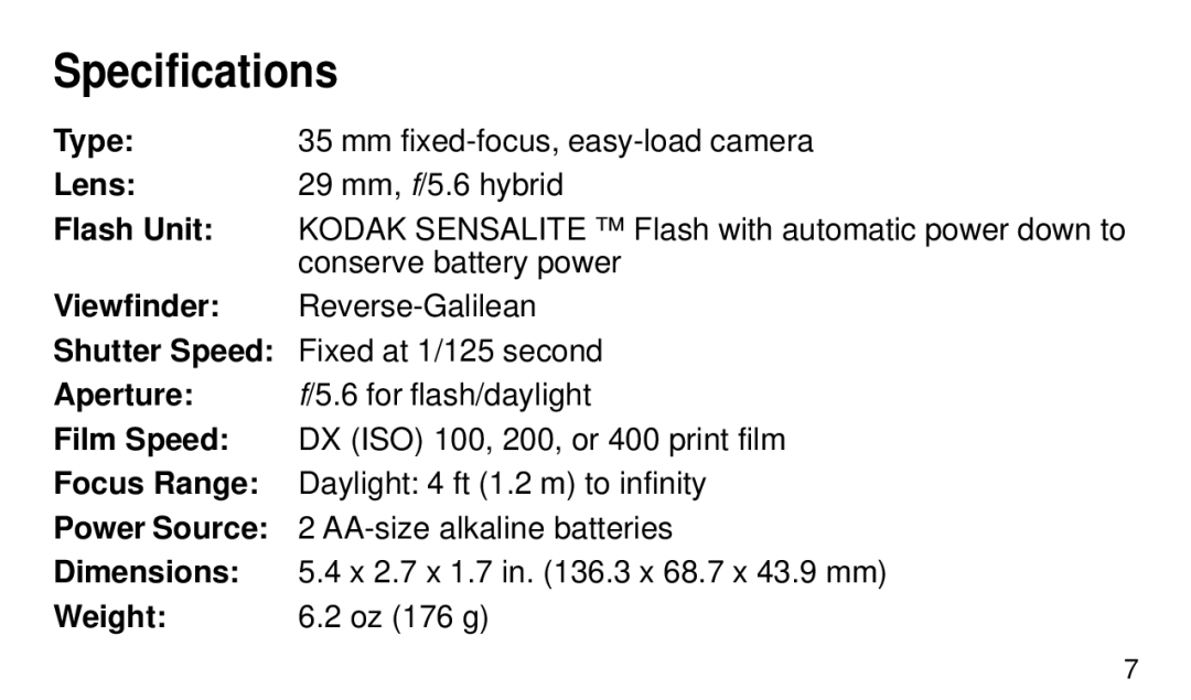 Kodak KE 20 manual Specifications 