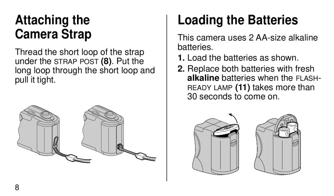 Kodak KE 20 manual Attaching Camera Strap, Loading the Batteries 