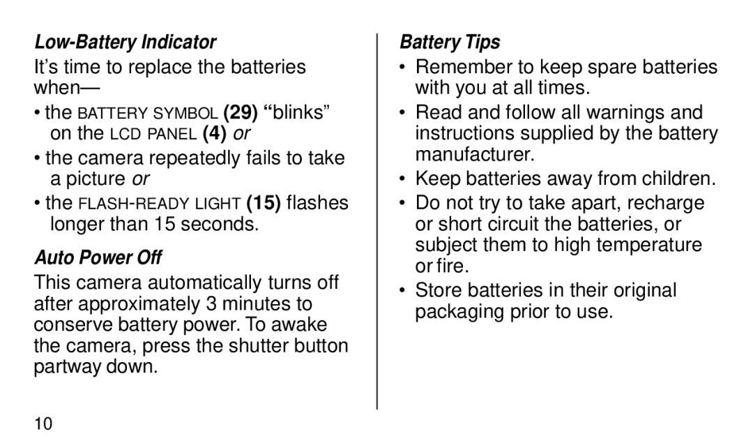 Kodak KE 50 manual Low-Battery Indicator, Auto Power Off, Battery Tips 