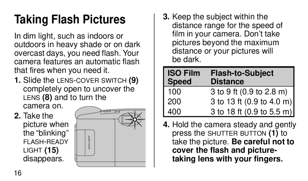 Kodak KE 50 manual Taking Flash Pictures, ISO Film Flash-to-Subject Speed Distance 