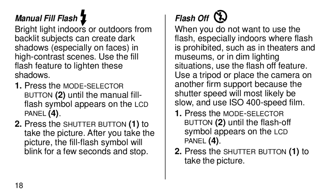 Kodak KE 50 manual Manual Fill Flash, Flash Off 