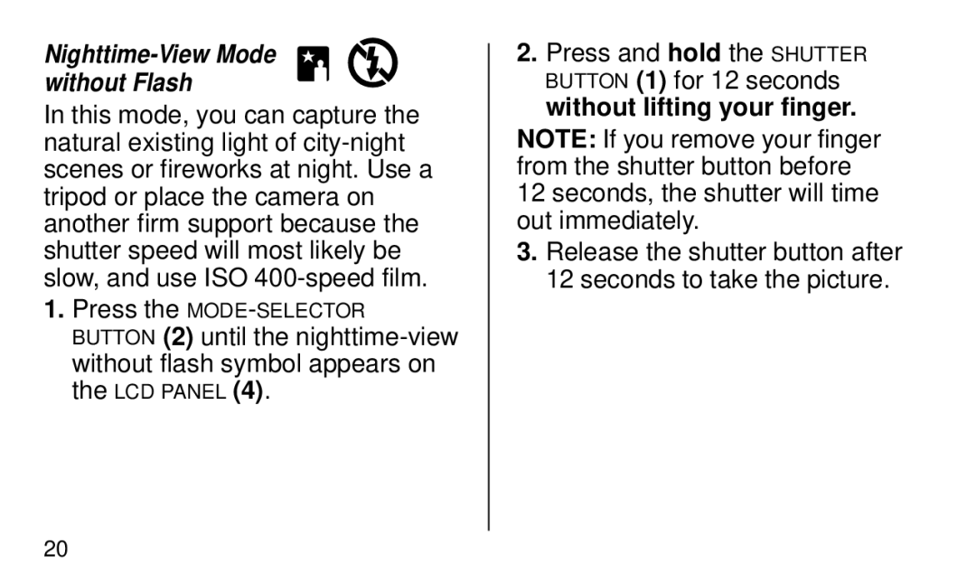 Kodak KE 50 manual Nighttime-View Mode without Flash 