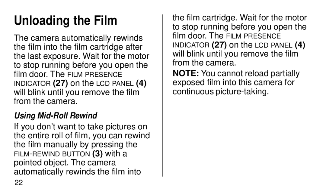 Kodak KE 50 manual Unloading the Film, Using Mid-Roll Rewind 