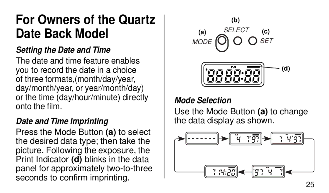 Kodak KE 50 manual Setting the Date and Time, Date and Time Imprinting, Mode Selection 