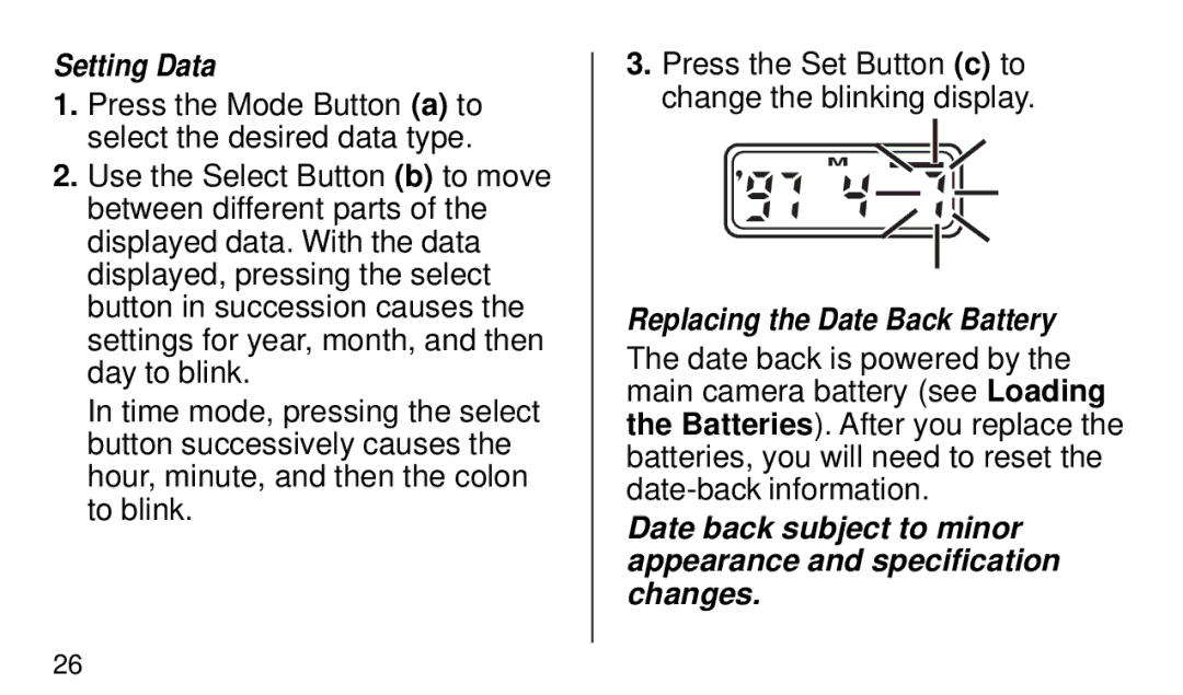 Kodak KE 50 manual Setting Data, Replacing the Date Back Battery 