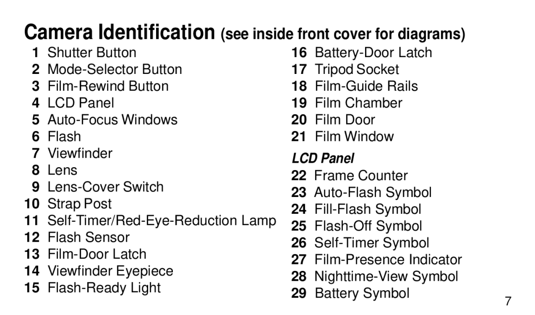 Kodak KE 50 manual Camera Identification see inside front cover for diagrams, LCD Panel 