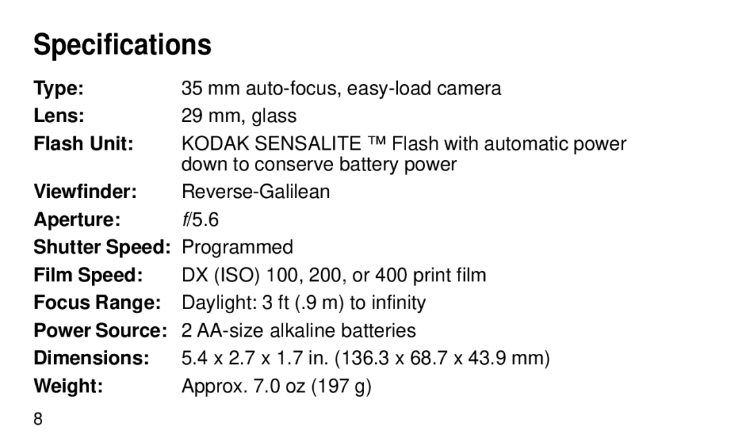 Kodak KE 50 manual Specifications 