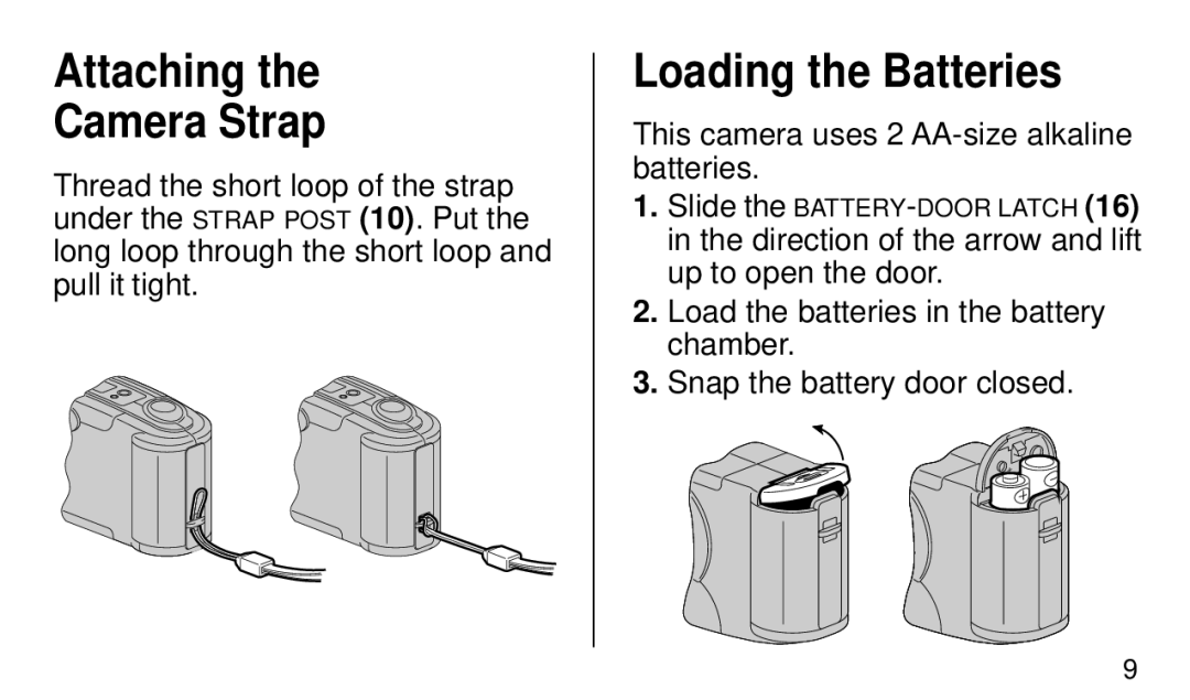 Kodak KE 50 manual Attaching Camera Strap, Loading the Batteries 