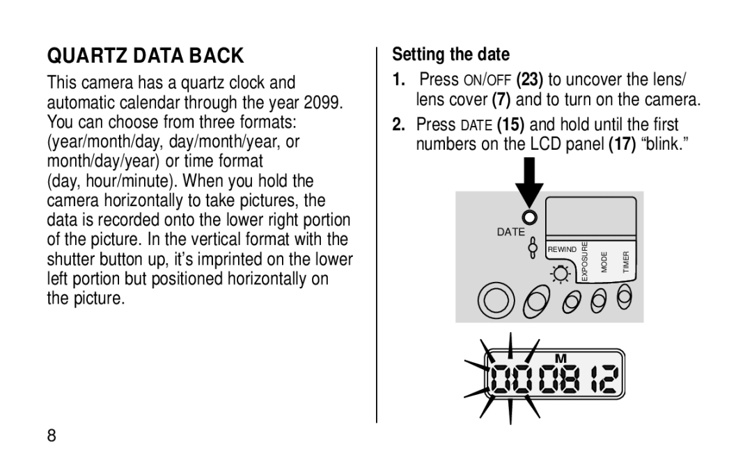 Kodak KE115 Zoom manual Quartz Data Back, Setting the date 