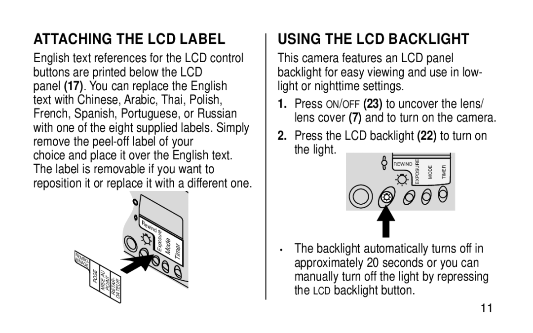 Kodak KE115 Zoom manual Attaching the LCD Label, Using the LCD Backlight, Press the LCD backlight 22 to turn on the light 