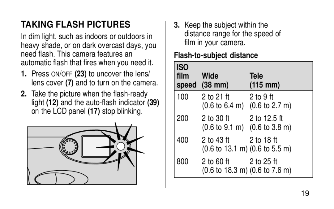 Kodak KE115 Zoom manual Taking Flash Pictures, Flash-to-subject distance, Film Wide Tele Speed 38 mm 115 mm 