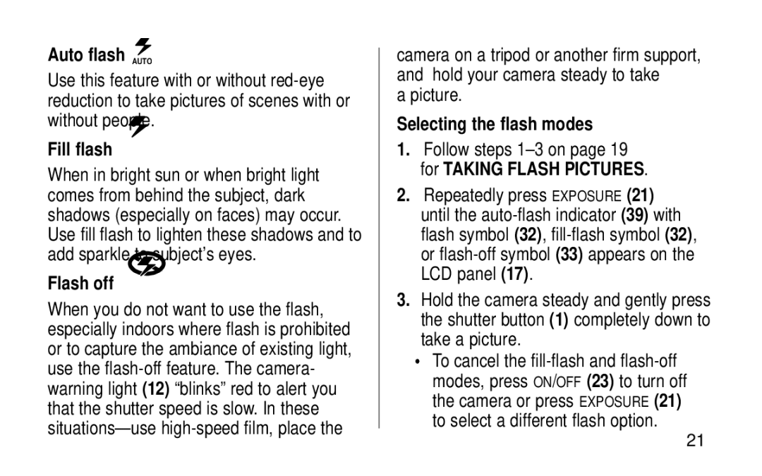 Kodak KE115 Zoom manual Auto flash Auto, Fill flash, Flash off, Selecting the flash modes 