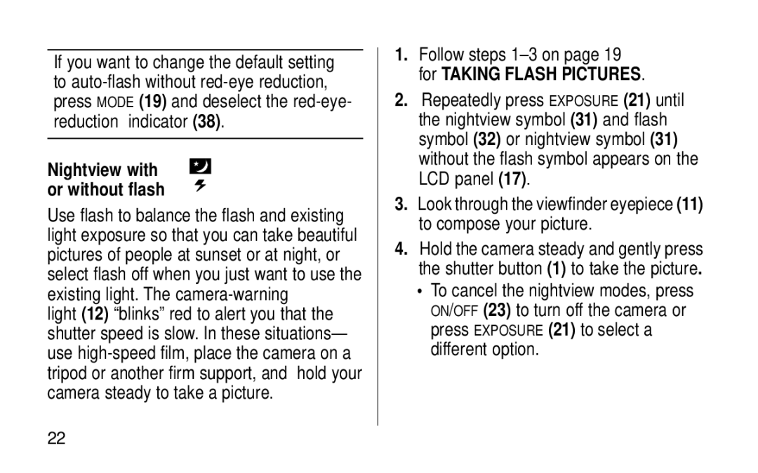 Kodak KE115 Zoom manual Nightview with or without flash 