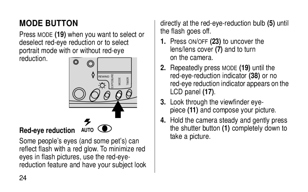 Kodak KE115 Zoom manual Mode Button, Red-eye reduction Auto 