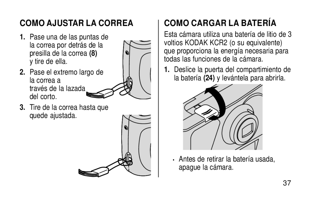 Kodak KE115 Zoom manual Como Ajustar LA Correa, Como Cargar LA Batería, Antes de retirar la batería usada, apague la cámara 