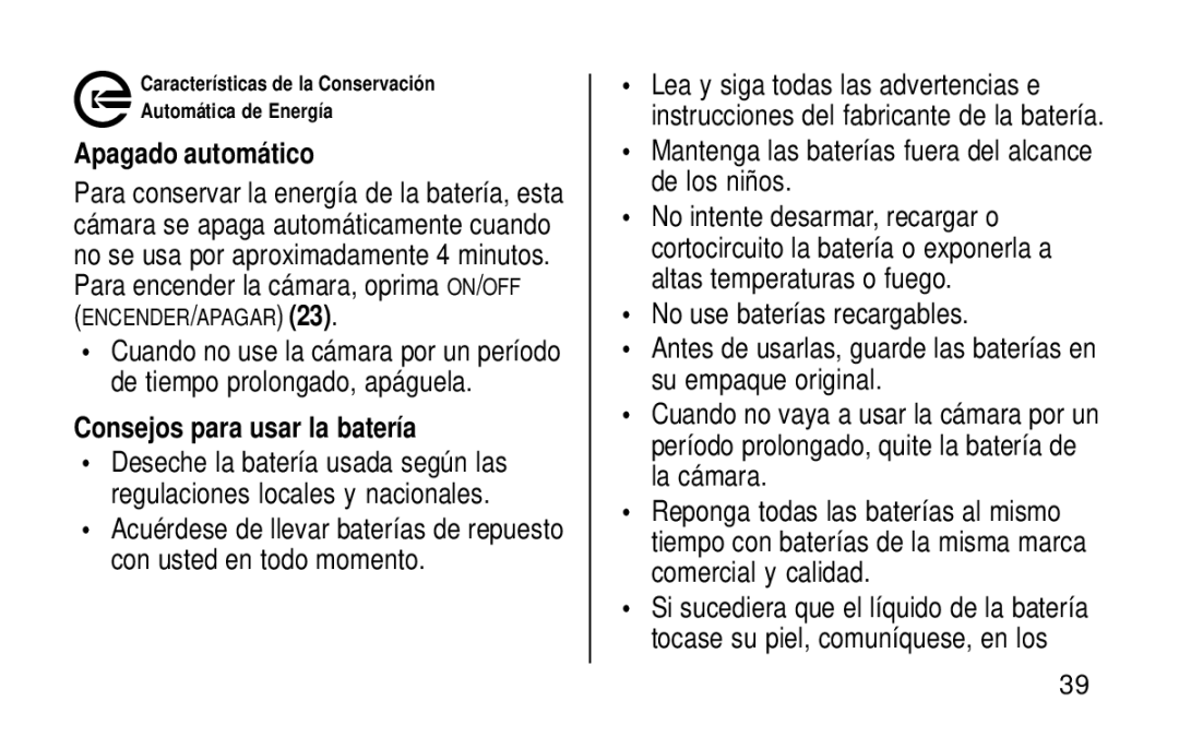 Kodak KE115 Zoom Apagado automá tico, Consejos para usar la batería, Mantenga las baterías fuera del alcance de los niños 