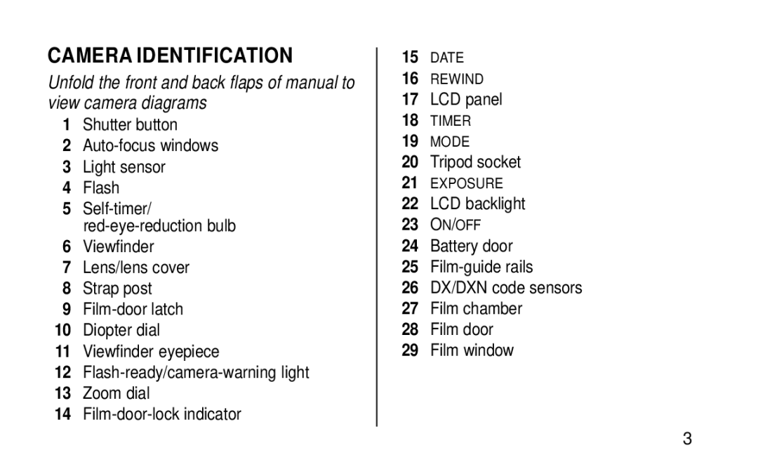 Kodak KE115 Zoom Camera Identification, Shutter button Auto-focus windows Light sensor Flash, LCD panel, Tripod socket 