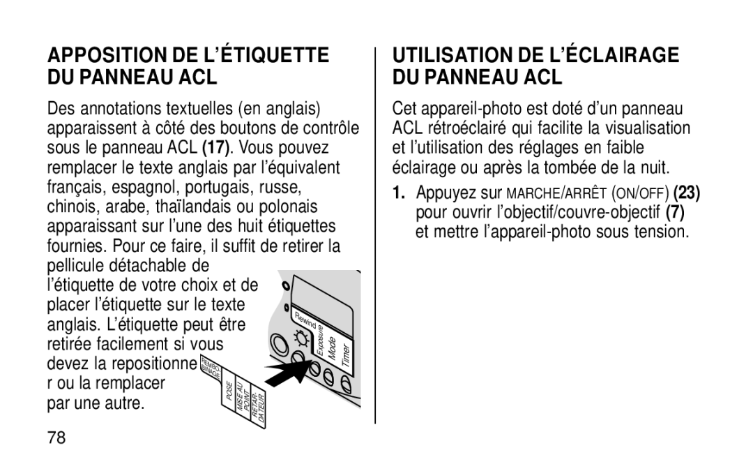 Kodak KE115 Zoom manual Apposition DE L’É Tiquette DU Panneau ACL, Ou la remplacer, Par une autre 