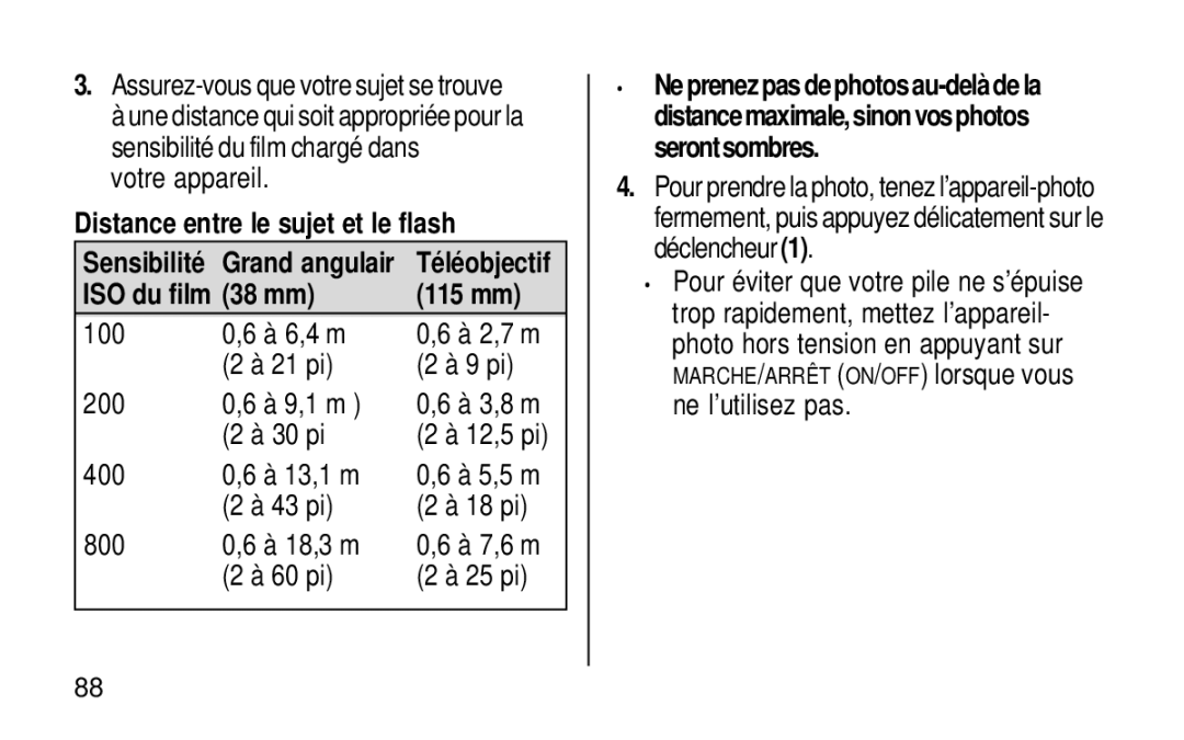 Kodak KE115 Zoom manual Votre appareil, Distance entre le sujet et le flash, ISO du film 38 mm 115 mm 