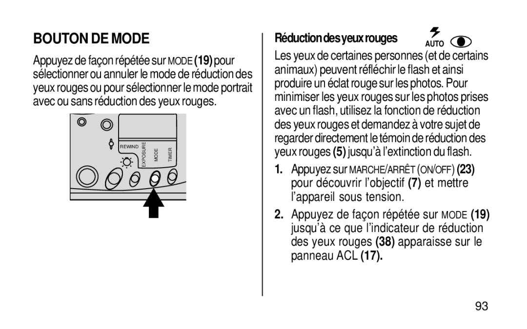 Kodak KE115 Zoom manual Bouton DE Mode, Réductiondesyeuxrouges 