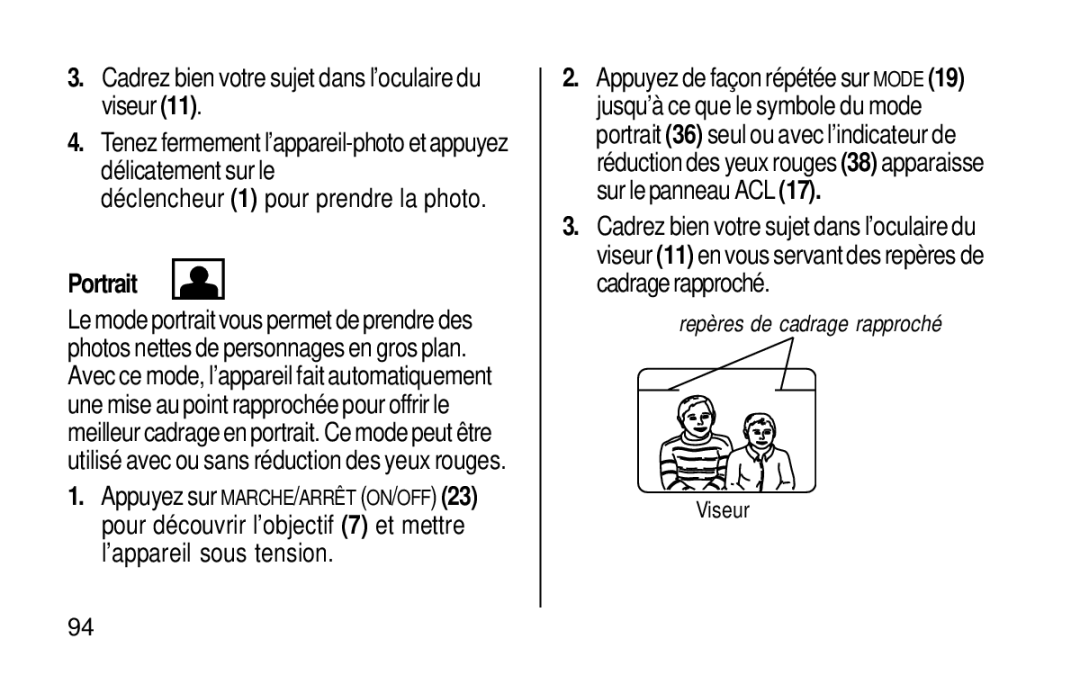 Kodak KE115 Zoom manual Portrait, Repères de cadrage rapproché 