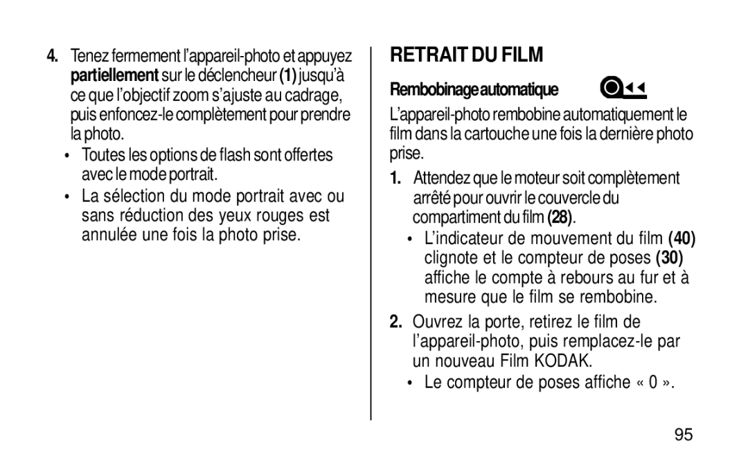 Kodak KE115 Zoom manual Retrait DU Film, Rembobinageautomatique 