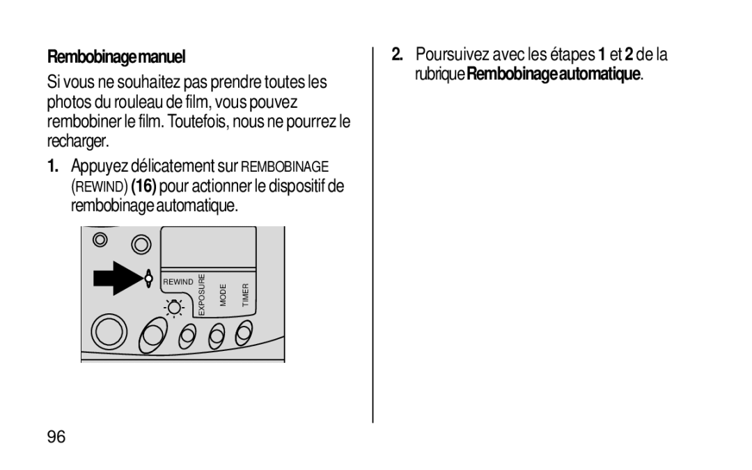 Kodak KE115 Zoom manual Rembobinagemanuel, Appuyez délicatement sur Rembobinage 