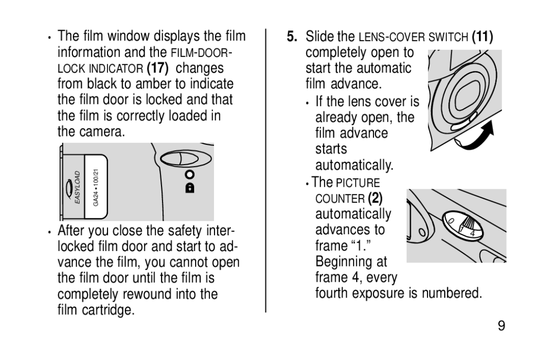 Kodak KE30 manual Film window displays the film, Film cartridge, Automatically Advances to, Fourth exposure is numbered 