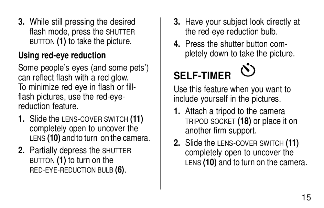 Kodak KE30 manual Self-Timer, Using red-eye reduction, Partially depress the Shutter Button 1 to turn on 