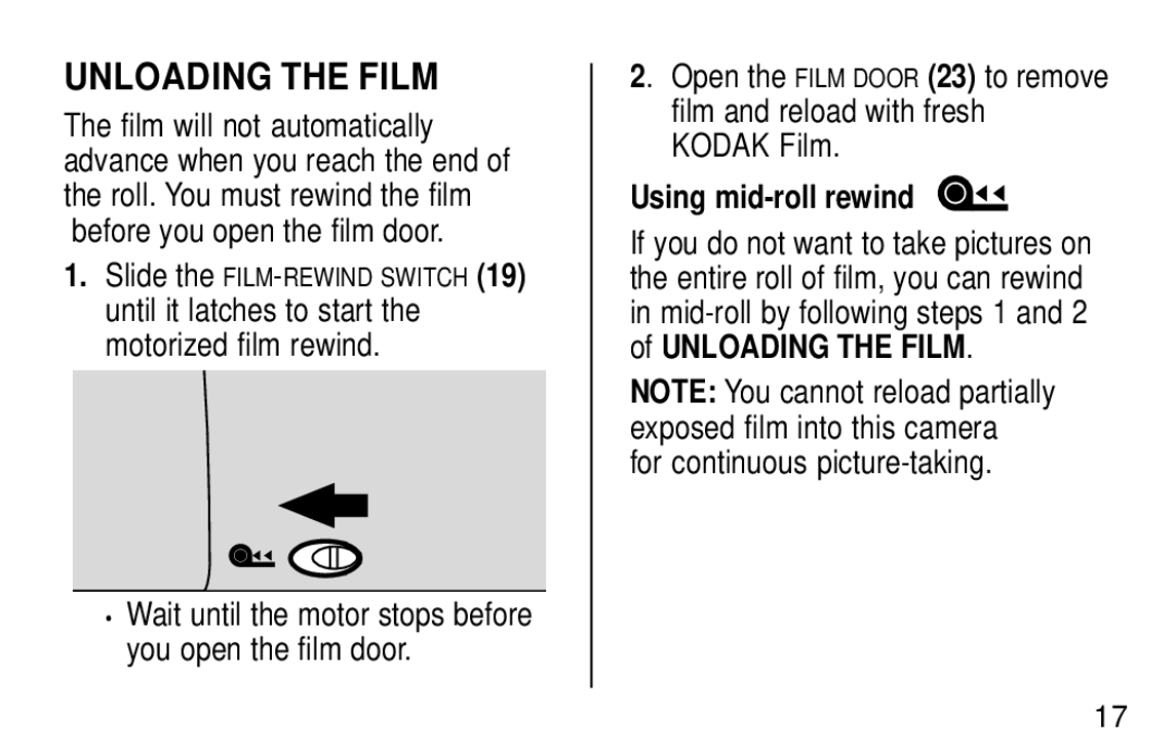 Kodak KE30 manual Unloading the Film, Using mid-roll rewind 