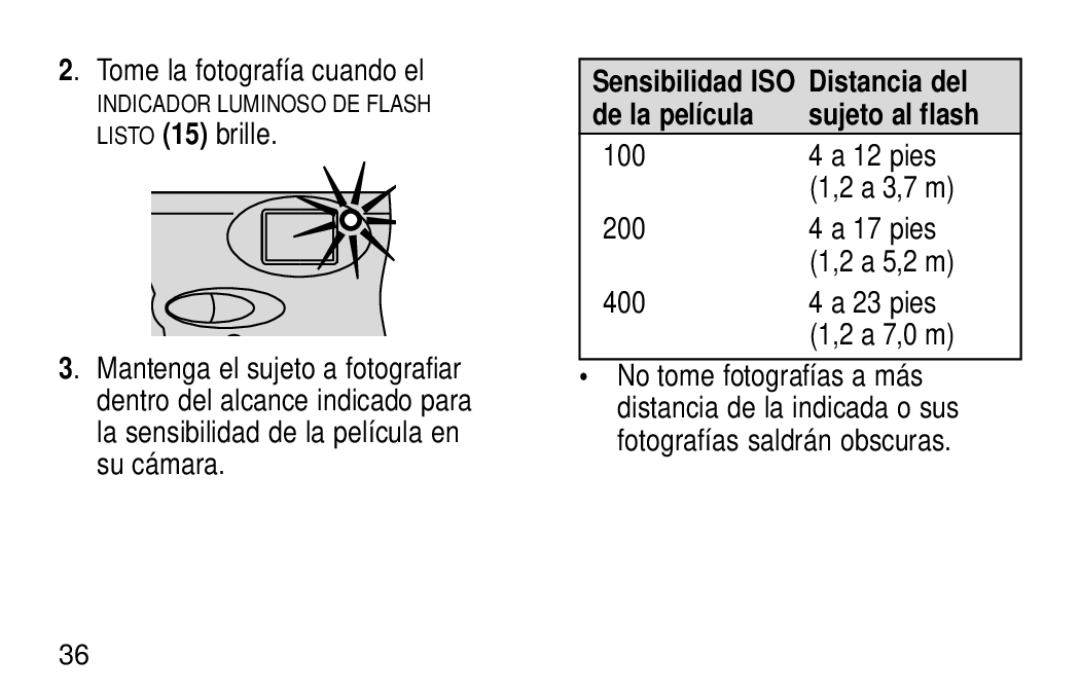 Kodak KE30 manual Tome la fotografía cuando el, Listo 15 brille, Distancia del, De la película Sujeto al flash 