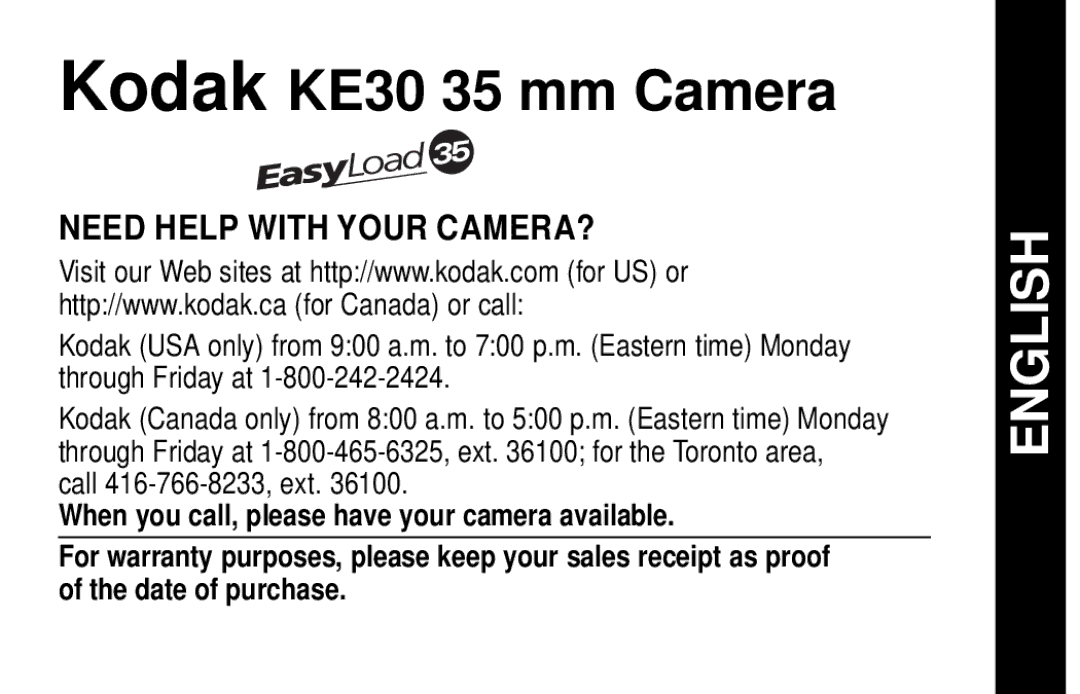 Kodak manual Kodak KE30 35 mm Camera, Need Help with Your CAMERA? 