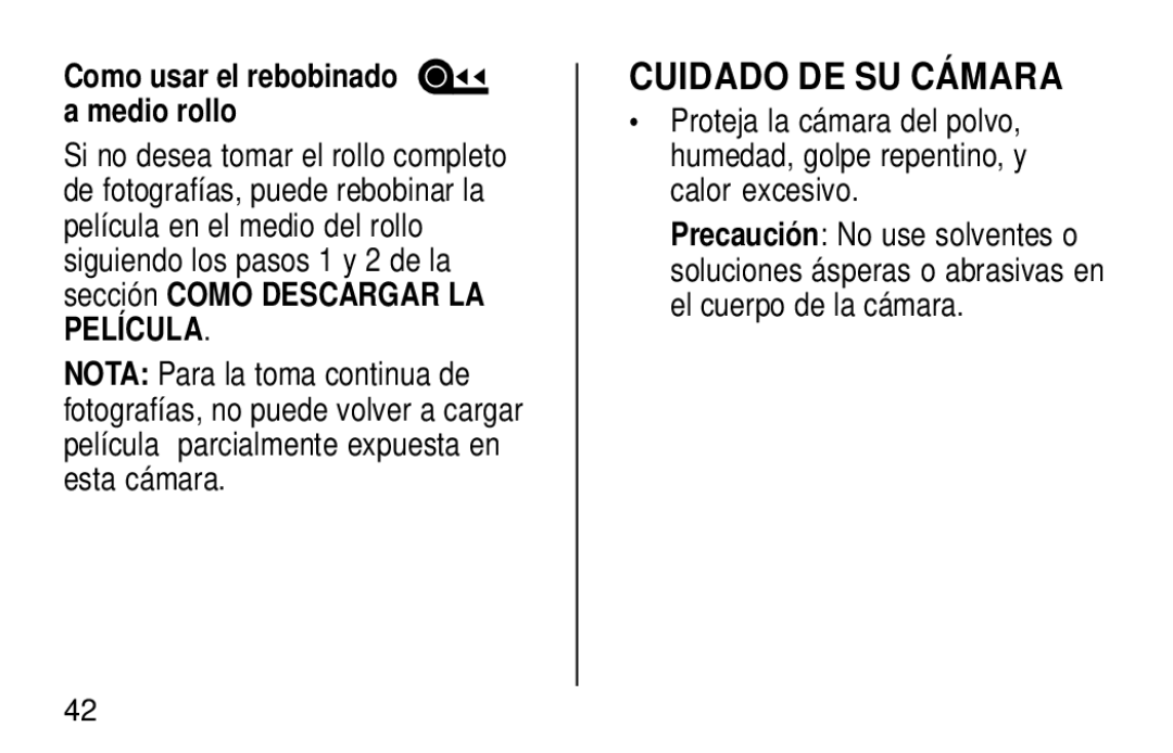 Kodak KE30 manual Cuidado DE SU Cámara, Como usar el rebobinado a medio rollo 