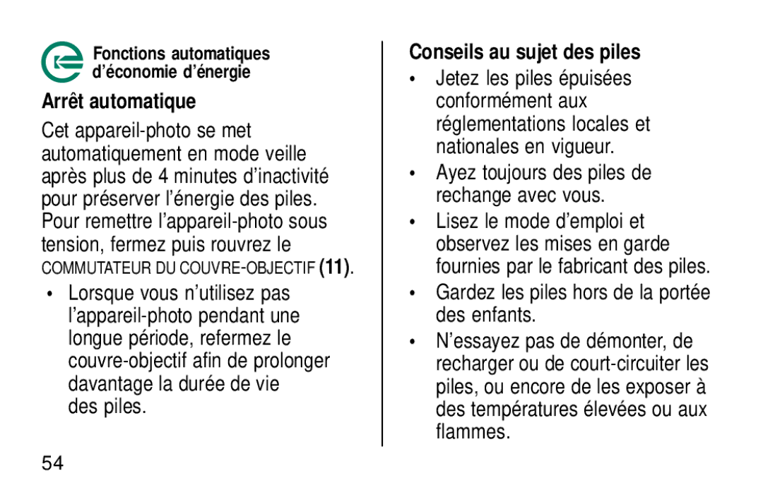 Kodak KE30 manual Arrêt automatique, Conseils au sujet des piles, Gardez les piles hors de la portée des enfants 