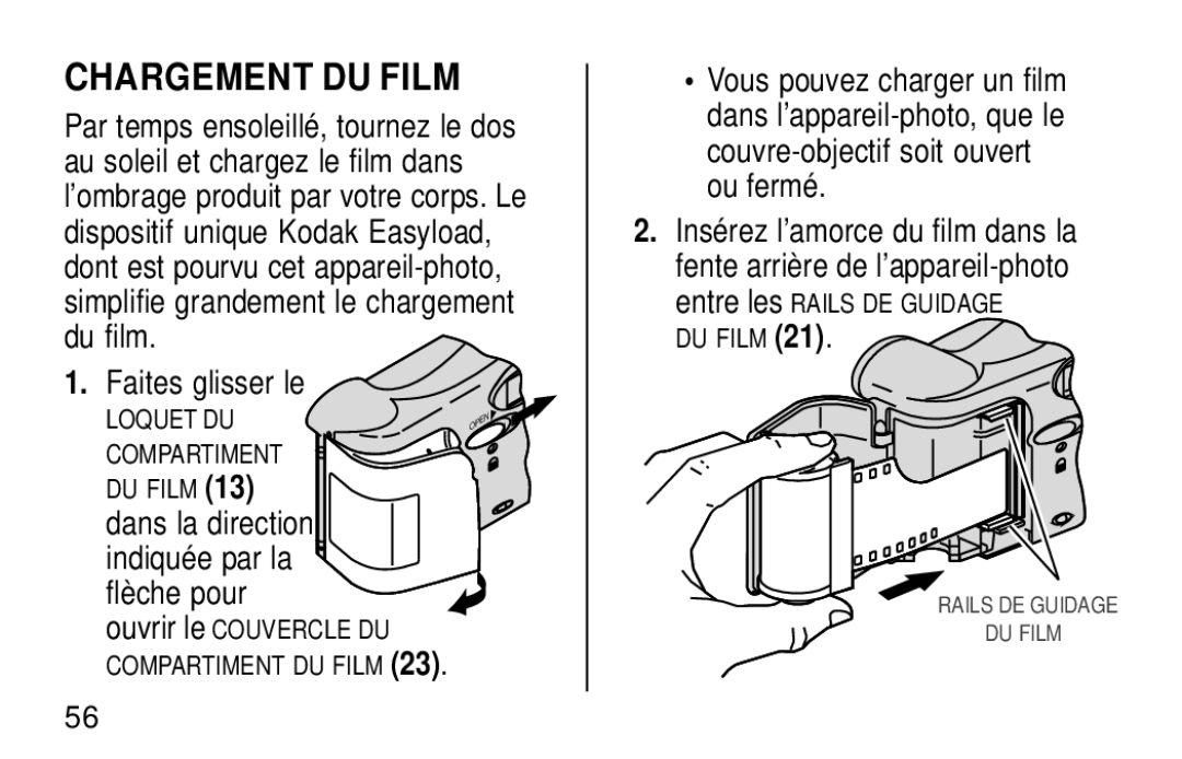 Kodak KE30 manual Chargement DU Film, Faites glisser le 