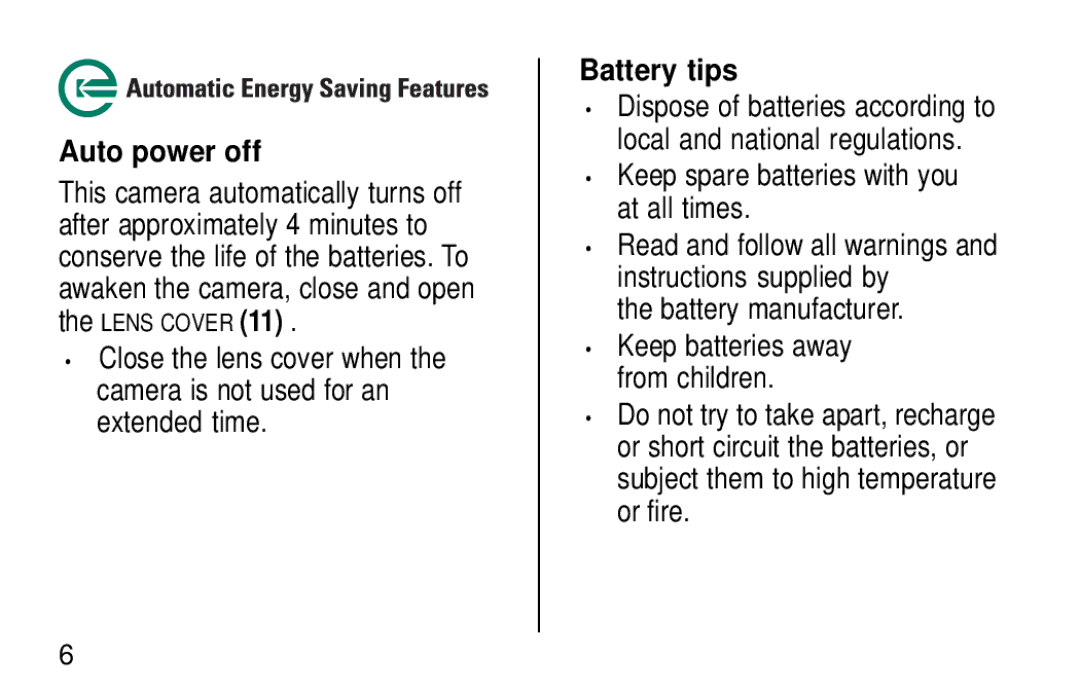 Kodak KE30 manual Auto power off, Battery tips 