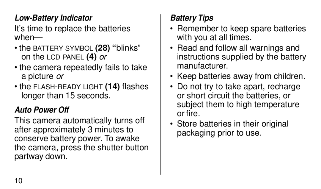 Kodak KE40 manual Low-Battery Indicator, Auto Power Off, Battery Tips 