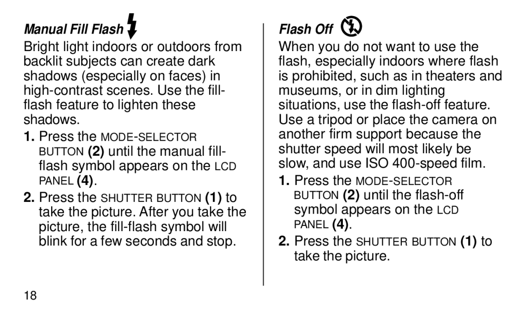 Kodak KE40 manual Manual Fill Flash, Flash Off 