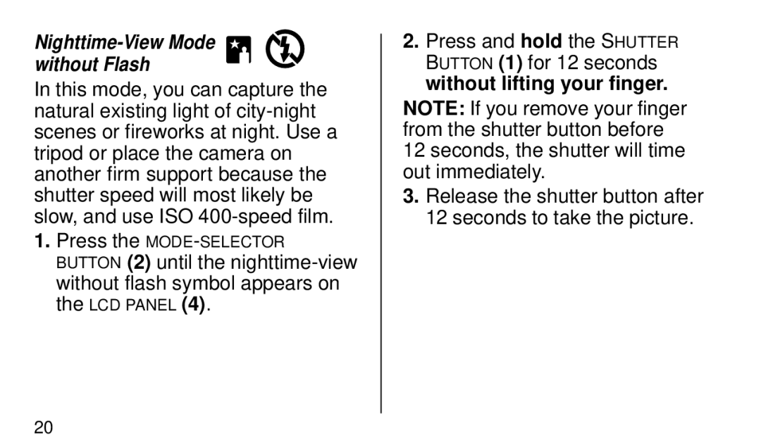 Kodak KE40 manual Nighttime-View Mode without Flash 