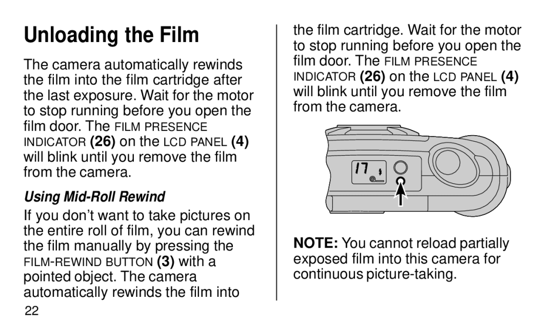 Kodak KE40 manual Unloading the Film, Using Mid-Roll Rewind 