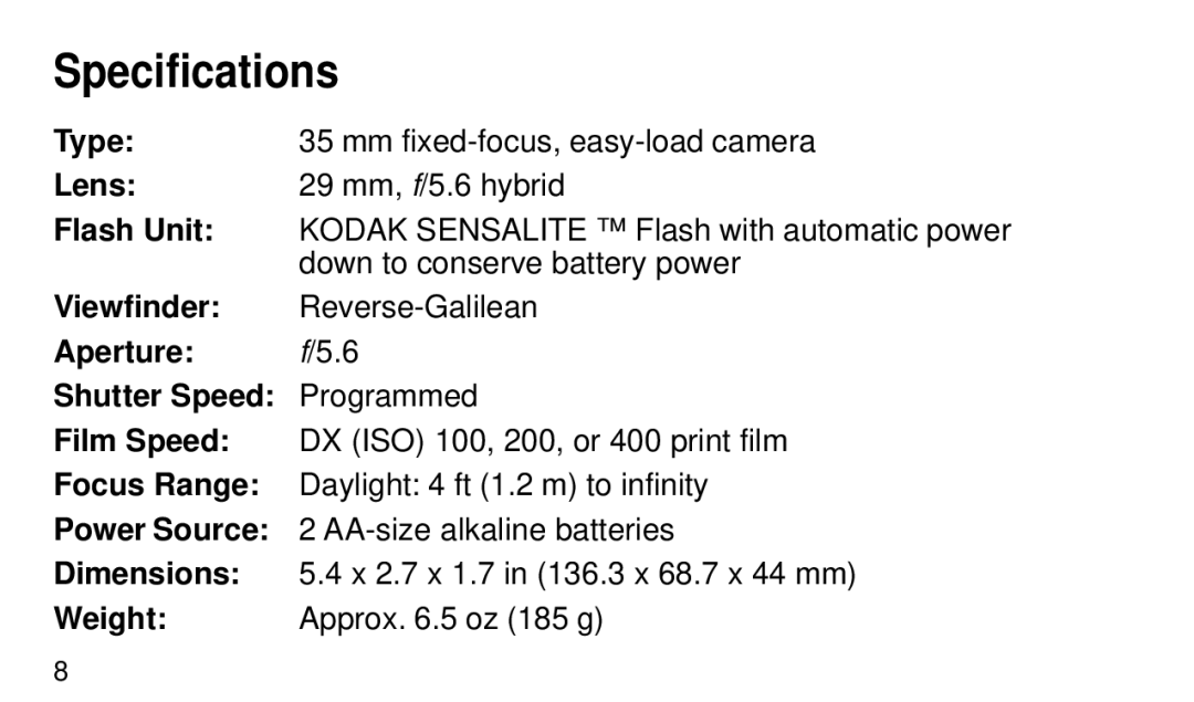 Kodak KE40 manual Specifications 