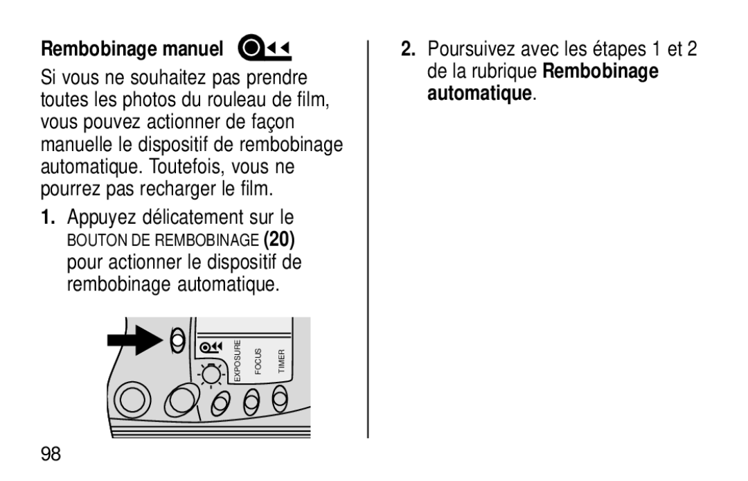 Kodak KE60 manual Rembobinage manuel, Appuyez délicatement sur le 