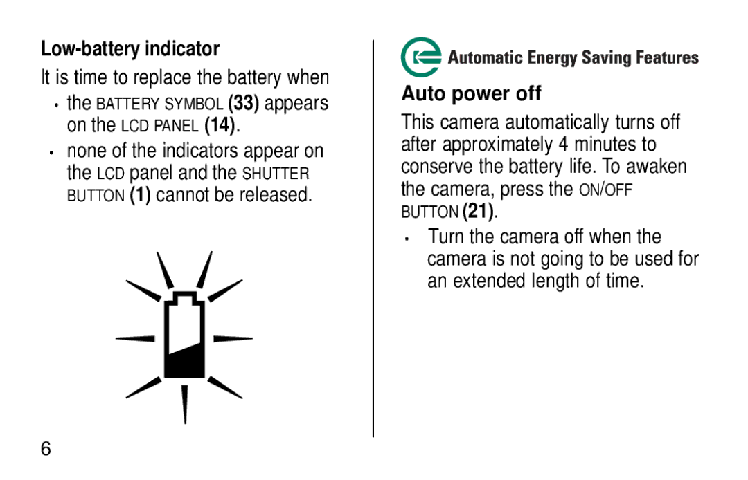 Kodak KE60 manual Low-battery indicator, Auto power off 