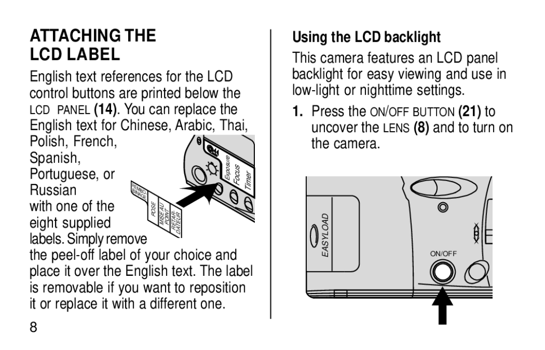 Kodak KE60 manual Attaching LCD Label, Using the LCD backlight 