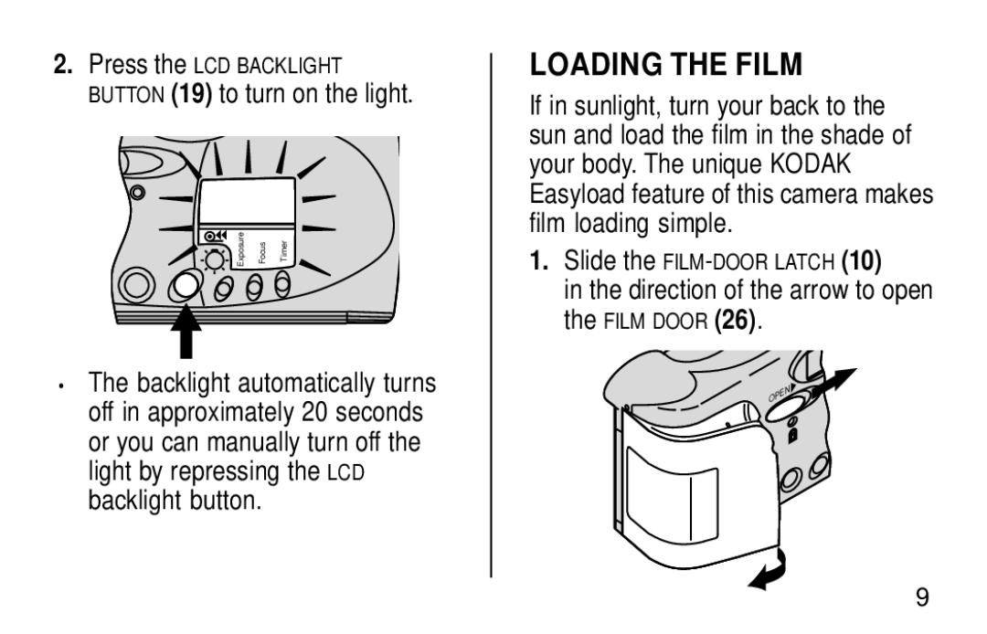 Kodak KE60 manual Loading the Film, Direction of the arrow to open the Film Door 