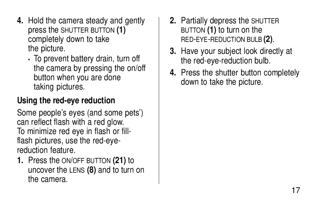 Kodak KE60 manual Using the red-eye reduction, Partially depress the Shutter Button 1 to turn on 