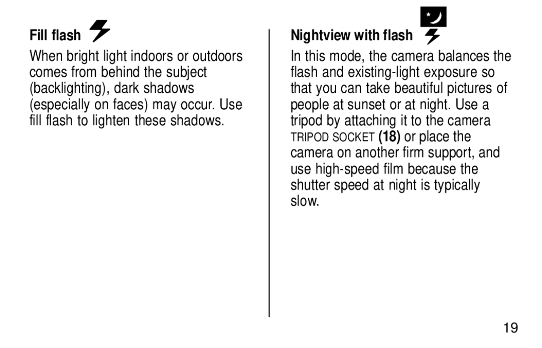 Kodak KE60 manual Fill flash, Nightview with flash 